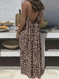 Women's Leopard Print Backless Cami Dress, Casual Sleeveless Dress for Summer, Casual Fashionable Dress, Ladies Clothes for Beach Holiday Vacation, Lounge Dress, Loose-fitting Dress, Casual Dresses, Bohemian Summer Outfit