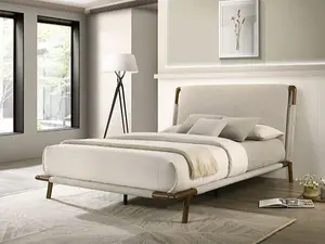 FM72025BG Didcot beige fabric walnut wood accents low rise platform queen bed frame mattress ready