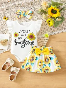 Baby girl summer white ruffled sleeve jumpsuit, "YOU are MY Sunshine" with sunflower print, paired with a short skirt and headband with the same print, baby clothes Cute Outfit