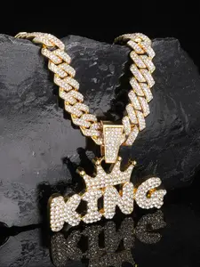Fashion Hip Hop King Letter Pendant, Iced Out Blingbling Cuban Link Chain Necklace for Men & Women, Punk Style Jewelry, Trendy All-Match Accessory