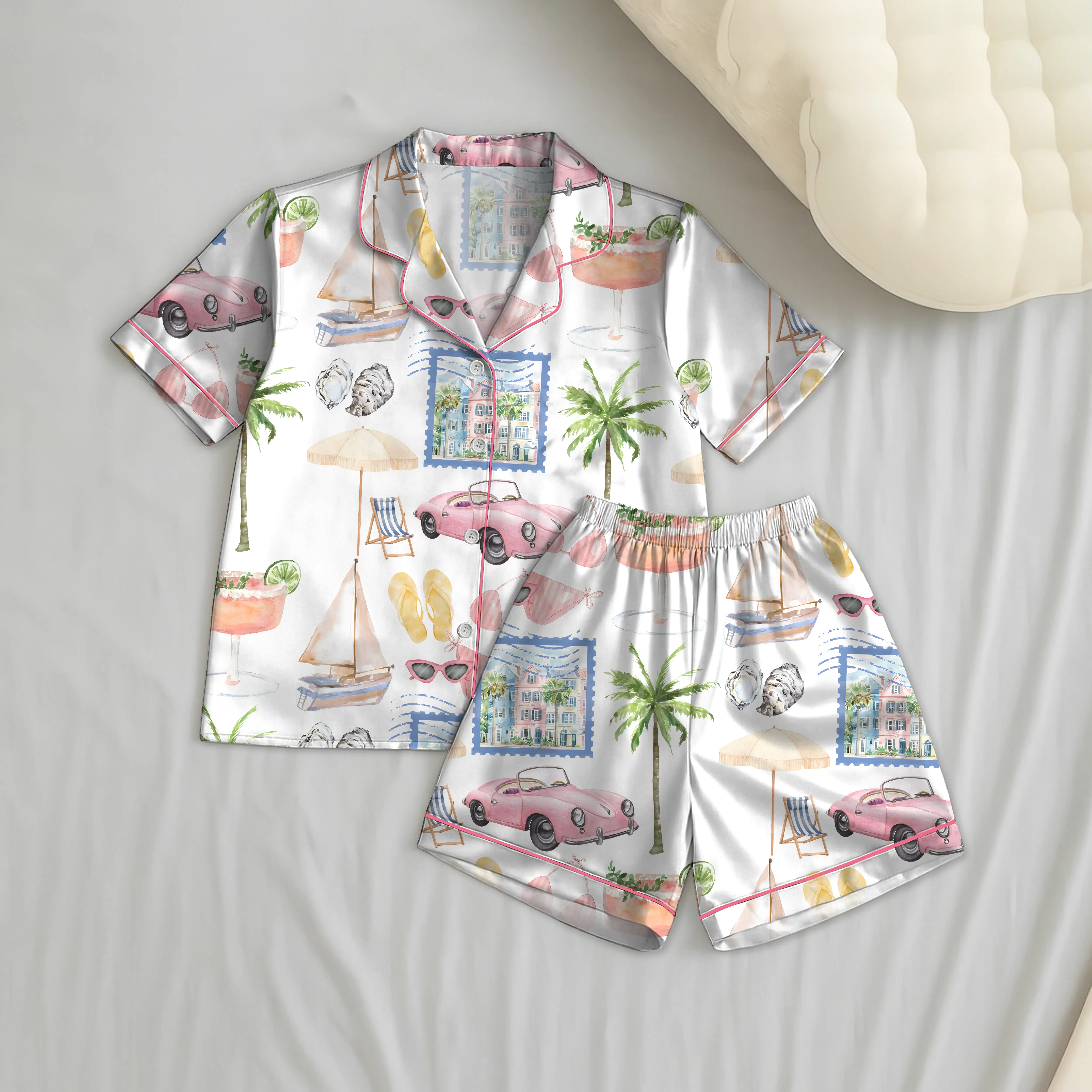 Pink Vintage Car Pajama Set, Summer Beach Vacation PJs, Cute Cocktail Palm Tree Print, Women Short,Long Sleeve Lounge Set Gift