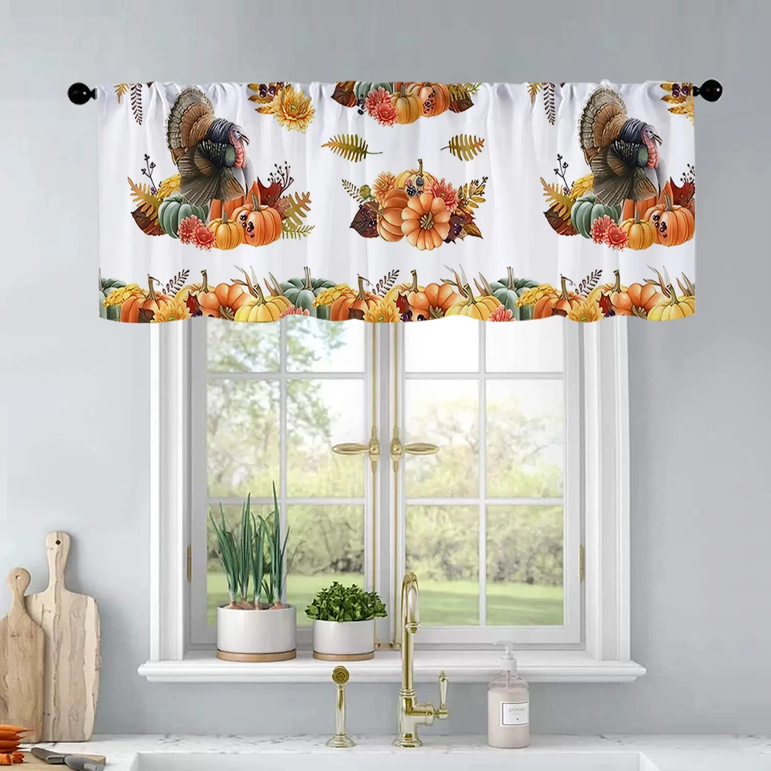 1 Pc Pumpkin, Maple Leaves, Turkey Flowers, Autumn, Thanksgiving, Watercolor Printing, Kitchen Curtains, Short Curtains, Pole Design, Living Room, Bedroom, Bathroom, Home Decor 54 x 18 Inch