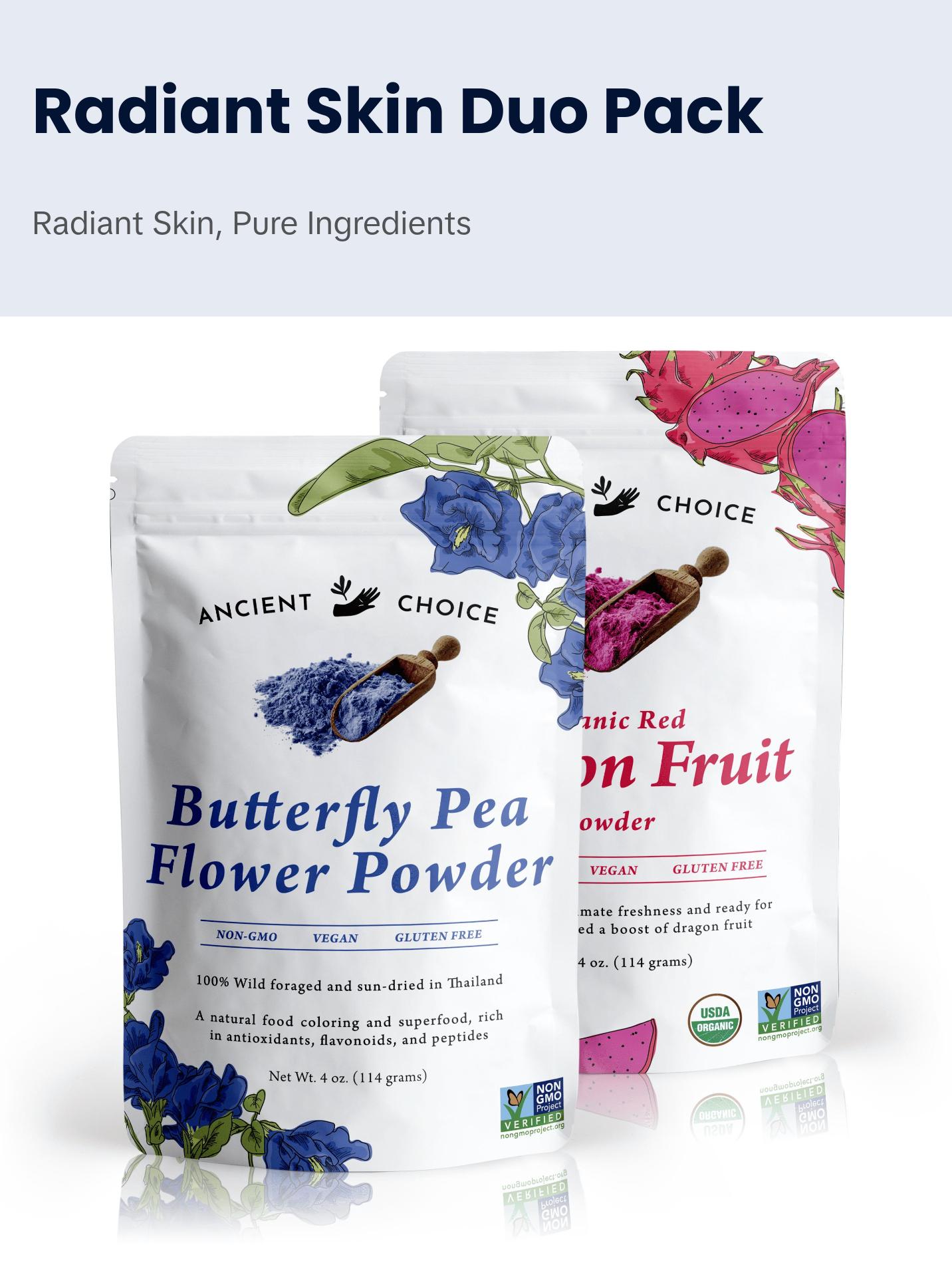 Ancient Choice - Radiant Skin Duo - 2-Pack Bundle | Butterfly Pea Flower Powder, 4oz. and Dragon Fruit Powder, 4oz. | USDA Organic, Non-GMO, Gluten-Free, Vegan | No preservatives, No added sugar | Natural Food Coloring