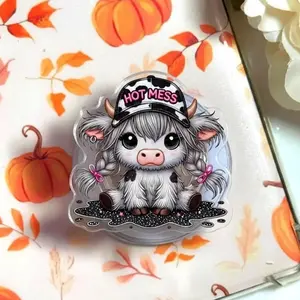 Hot Mess Highland Cow Phone Grip: Girly Acrylic Animal Magnetic Holder