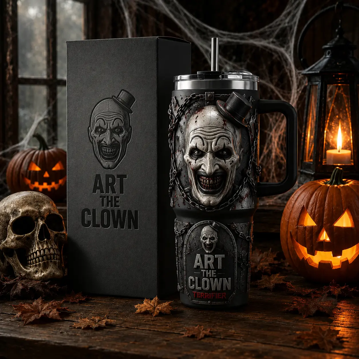 Art the Clown Terrifier 40oz Tumbler with Handle and Straw, Stainless Steel Vacuum Insulated Travel Mug, Horror Movie Halloween Cup, Reusable Drinkware, Gift for Horror Fans