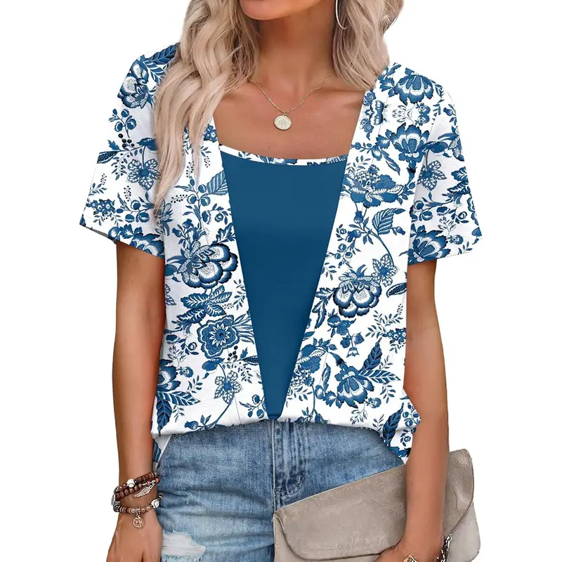 WIHOLL Fashion SwimWeek Womens Summer Tops Trendy 2 in 1 Blouses Short Sleeve Shirts Casual T Shirts Beach Vacation Clothes