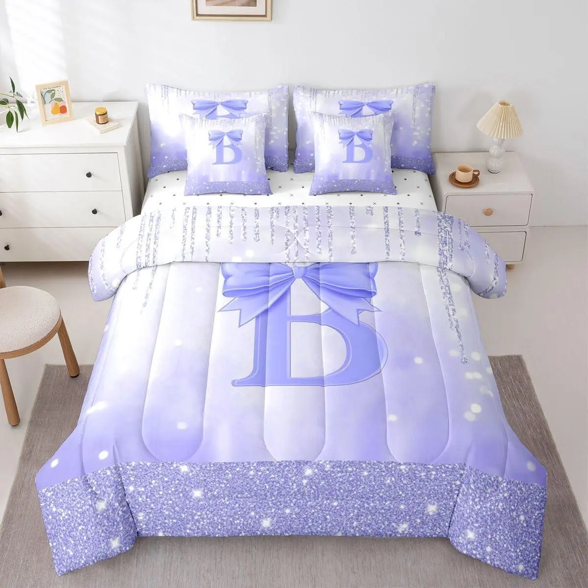 Purple Bowknot Comforter Set with Sheets Initial Letter B 7 Pieces Bedding Set Princess Glitter Bed in a Bag Cute Bow Alphabet Room Decor Soft