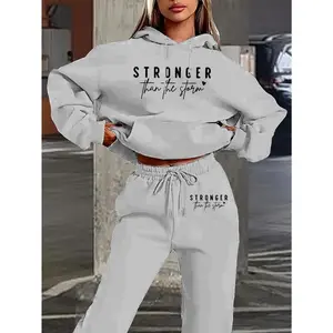 Women's Casual Two-Piece Set - 'Stronger Than the Storm' Letter Print Hoodie and Pants, White, Loose Fit with Pockets, Perfect for Autumn and Winter, Comfortable Clothing |     Loose Fit Hoodie Womenswear Suits
