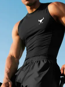 1-Pack Men's Sleeveless Gym Tank Top Bull Head GYM Print, Muscle Fit High Stretch Performance Training Shirt, Breathable Polyester Workout Tee, Fitness Workout Vest for Weightlifting, Bodybuilding, Cross Training, Fitness, Streetwear, Black