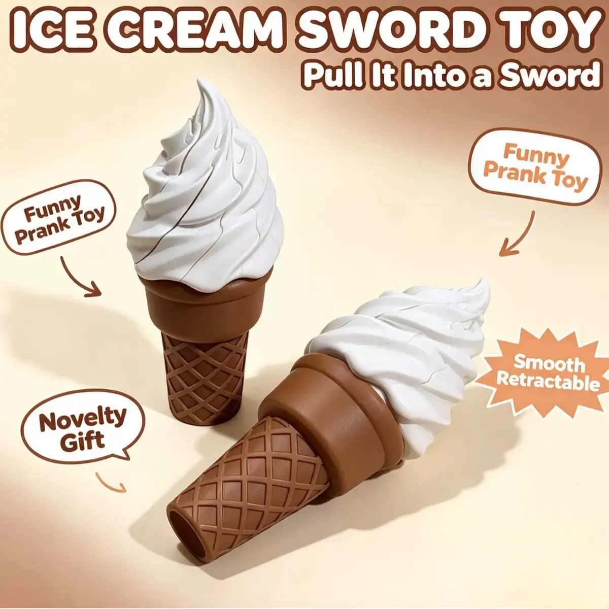 Retractable Ice Cream Sword Prank dog Toy, Realistic Fake Waffle Cone Novelty Fidget Prop, Tilt Down to Slide Into Long Telescopic Sword & Tilt Up to Retract, Smooth Stretch Stress Relief Joke Gift for Kids Adults Party Halloween Birthday
