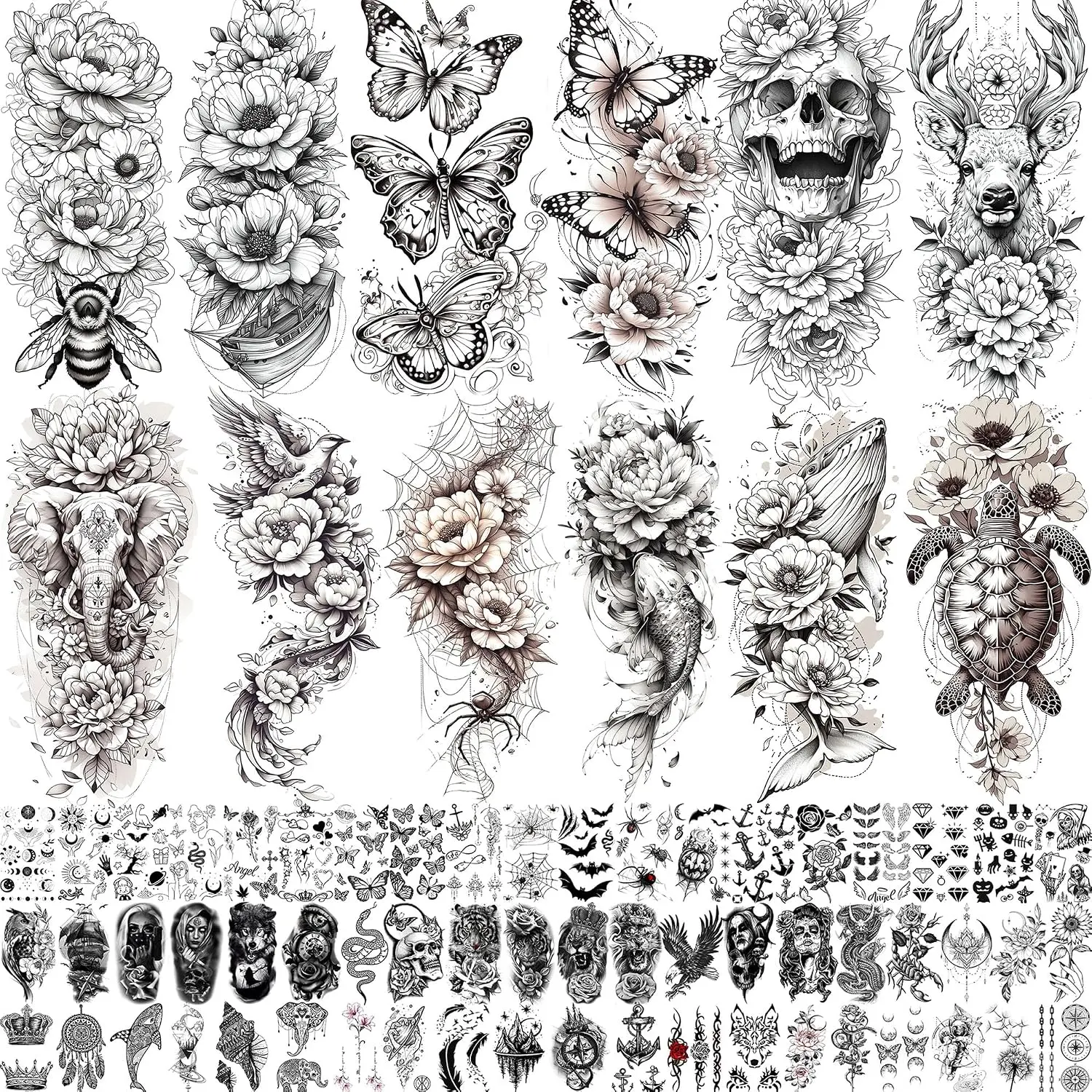 71 Sheets Rose Peony Flower Temporary Tattoos For Women Adults, Black Florals Half Arm Sleeve Realistic Temp Bulk Fake Tattoo Stickers Butterfly Ship Bee Carp Turtle Elephant Whale Spider Web Skull
