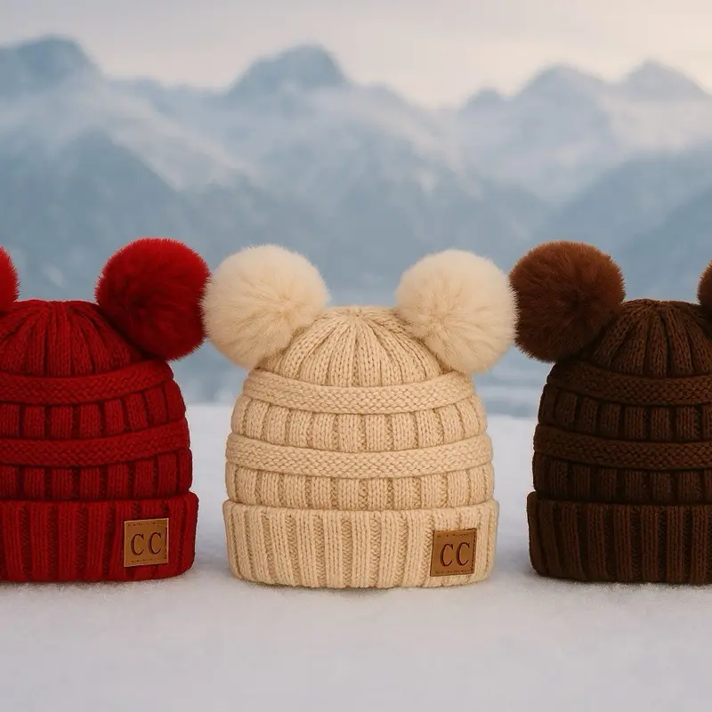 Winter Cozy Trio – Double Pom Beanie Bundle (Set of 3) ️