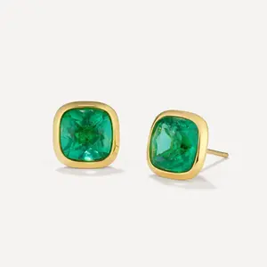 The Cali Emerald Cushion Bezel Set Stud - Lab Grown Emeralds, 3 Carat Size, 18K Gold Thick Plating
