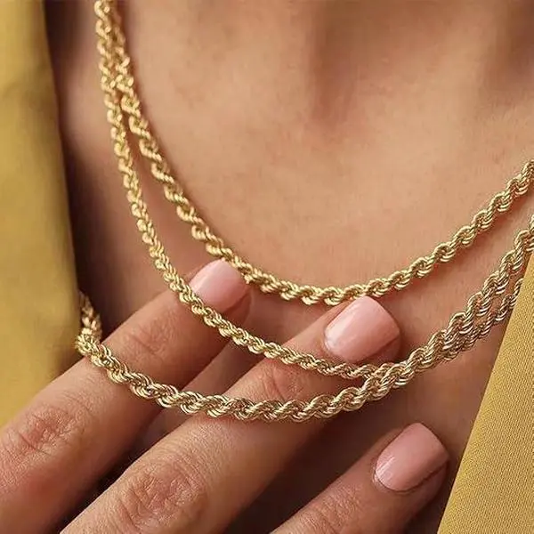 2-Pack 18K gold-plated cord chain necklace, 24 inches long, 6mm/8mm wide, faceted design, security clasp, unisex, ideal gift for men and fashion enthusiasts.