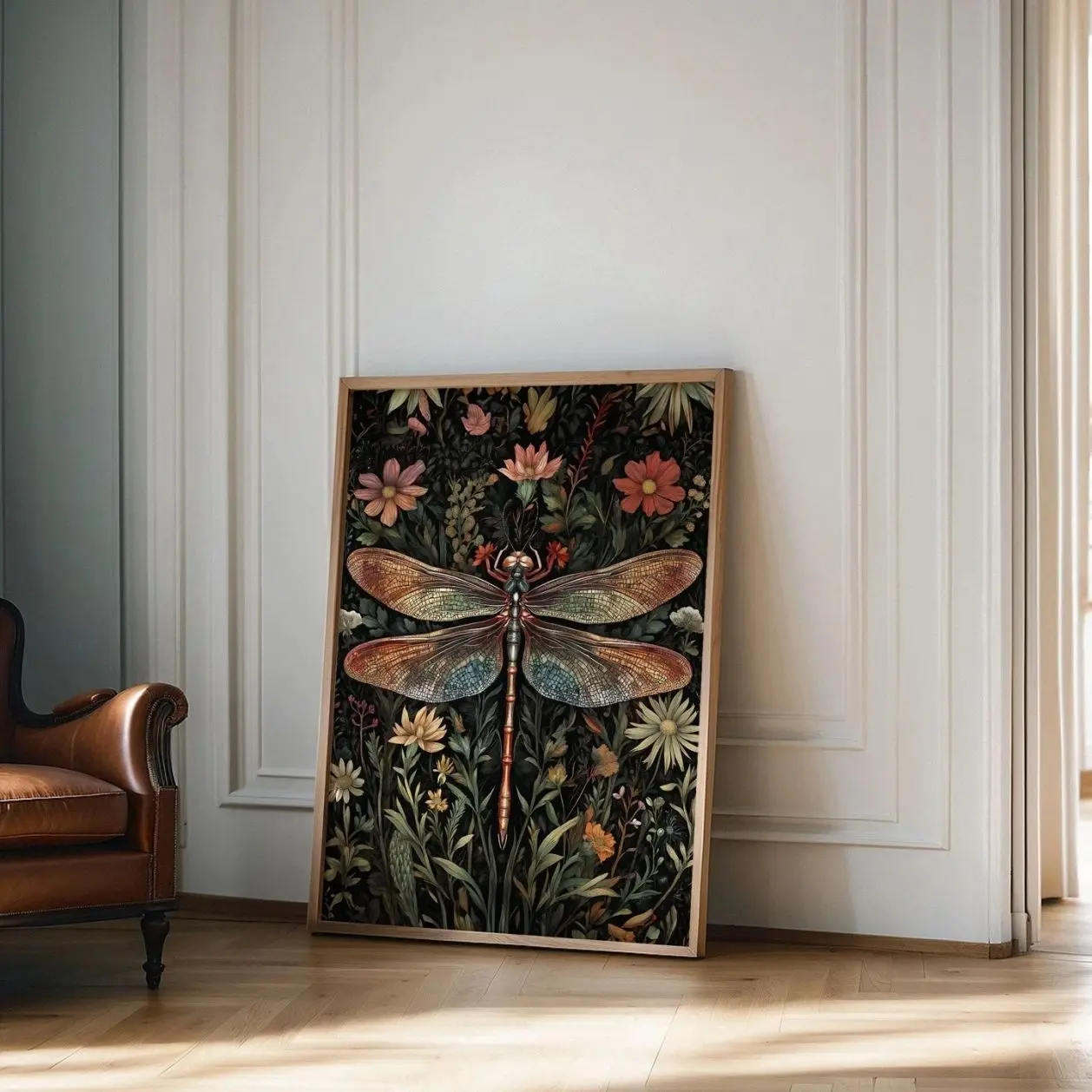 Vintage Dragonfly Wall Art Botanical Floral Poster Moody Cottagecore Decor Print D