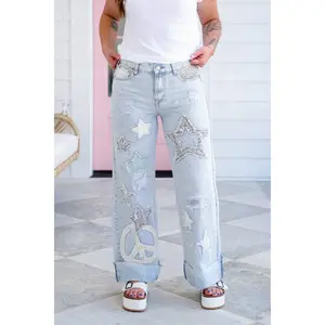 Mineral Wash Wide Leg Denim Jeans with Star Patchwork Detail