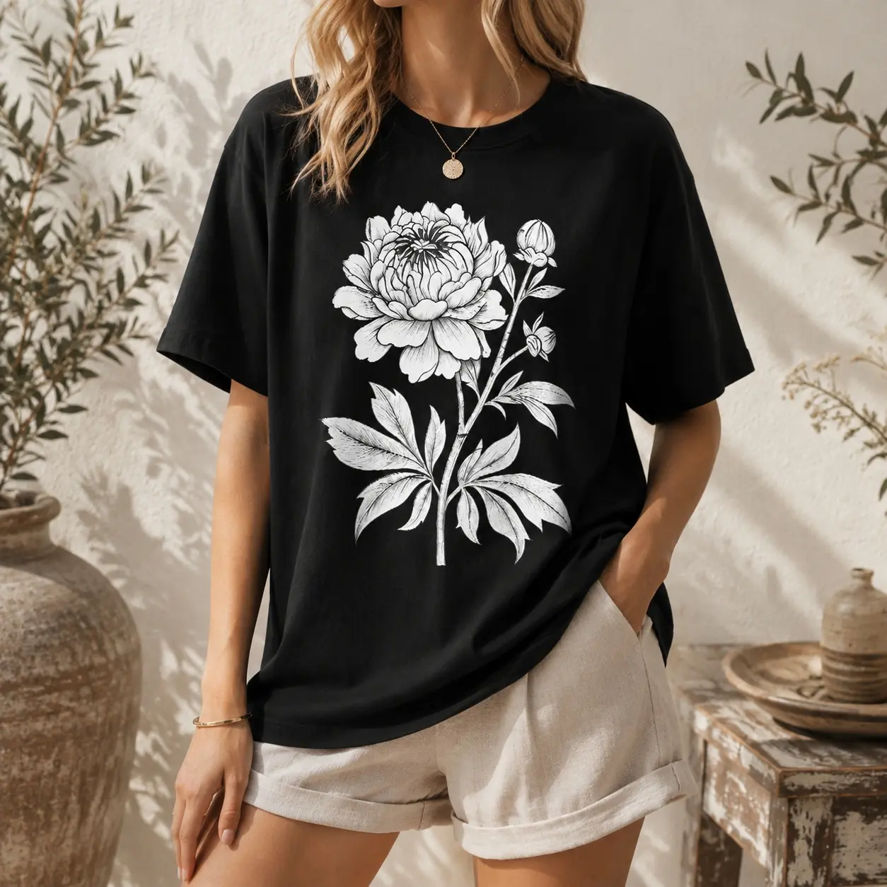 Women's Elegant Round Neck Casual Short Sleeve Graphic Tee - White Peony Flower Sketch Botanical Print, Oversized Loose Fit, Minimalist Fabric, Fits Daily & Weekend Wear