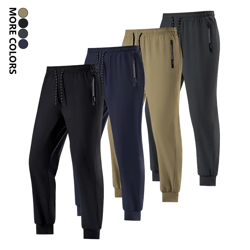 1PC Men’s Solid Color Ice Silk Casual Sports Pants with Zipper Pockets, Breathable Drawstring Athletic Pants, Suitable for Running, Yoga, Training, Hiking, Spring/Summer Regular Fit
