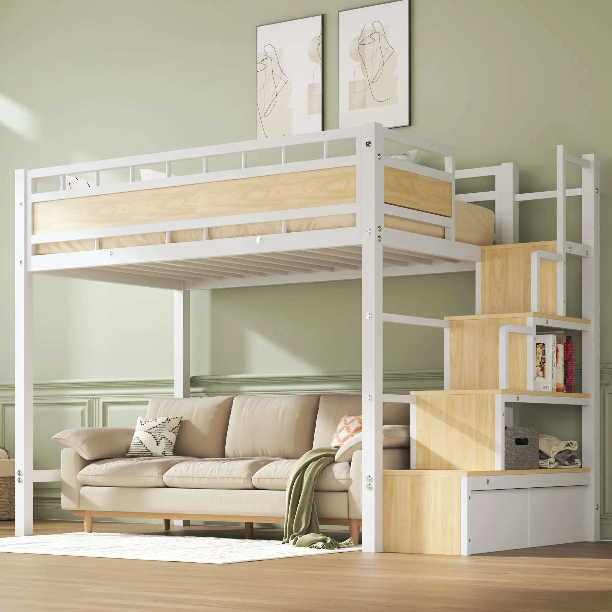 Soges Twin Size Metal Loft Bed with Stairs and Storage, Heavy-Duty Bed Frame for Small Rooms with Drawers & Fabric Bins, Space-Saving Bed with Safety Rails, No Box Spring Needed – Perfect for Teens and Adults, Black/White Compact Bed For Small Spaces Maxi