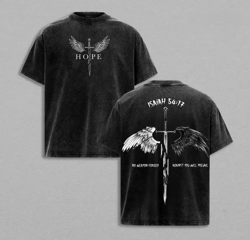 Isaiah 54:17 No Weapon Formed Christian Graphic T-Shirt | Vintage Washed Oversized Gym Pump Cover | Sword & Angel Wings Faith Streetwear | Father's Day Gift