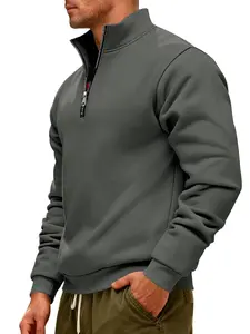 Men's Winter Fleece Lined Hoodie, Casual Hoodie, Thick Heavyweight Loose Fit Outdoor Sportswear, Half Zip Stand Collar Pullover Sweatshirt, Athletic Hoodie