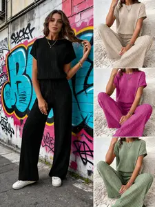 Women's Fine Ribbed Knit 2-Piece Set - Drop Shoulder Short Sleeve Top & Pants - Mother's Day Gift