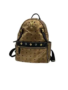 Pre-owned MCM Metallic Gold Monogram Studded Large Backpack/EE06606007/6007