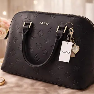 ALDO Black Embossed Star & Heart Pattern Handbag with Gold Heart Charm and Tassel Detail