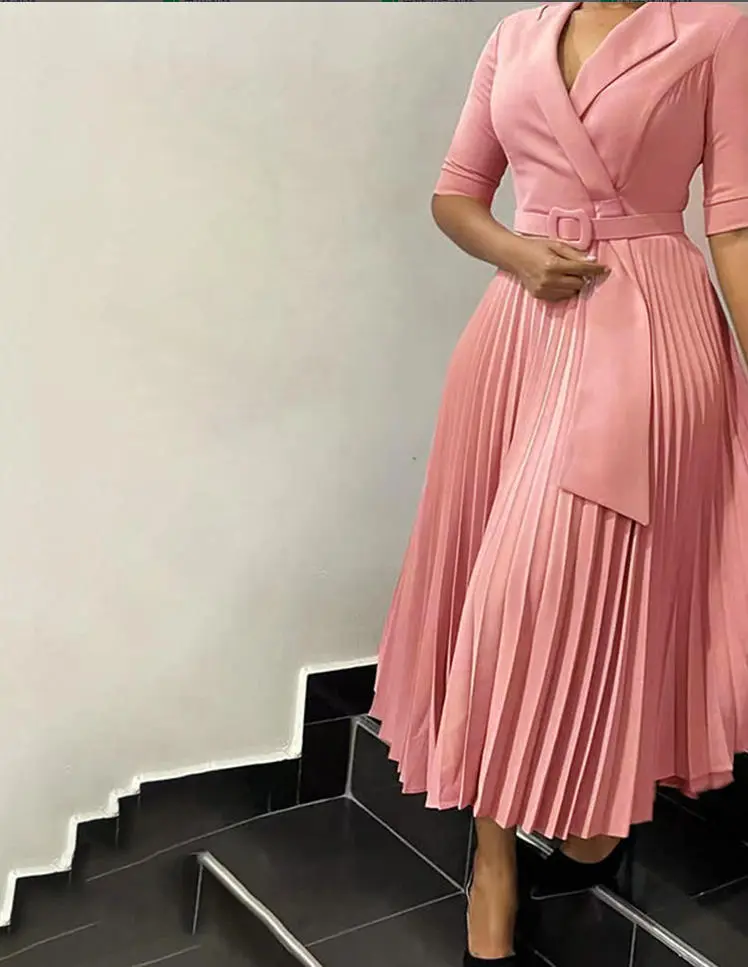 2026 African Dresses for Women Spring Elegant Half Sleeve V-neck Polyester Pleat Dress Ankara Dresses African Clothes Floral Ruffle