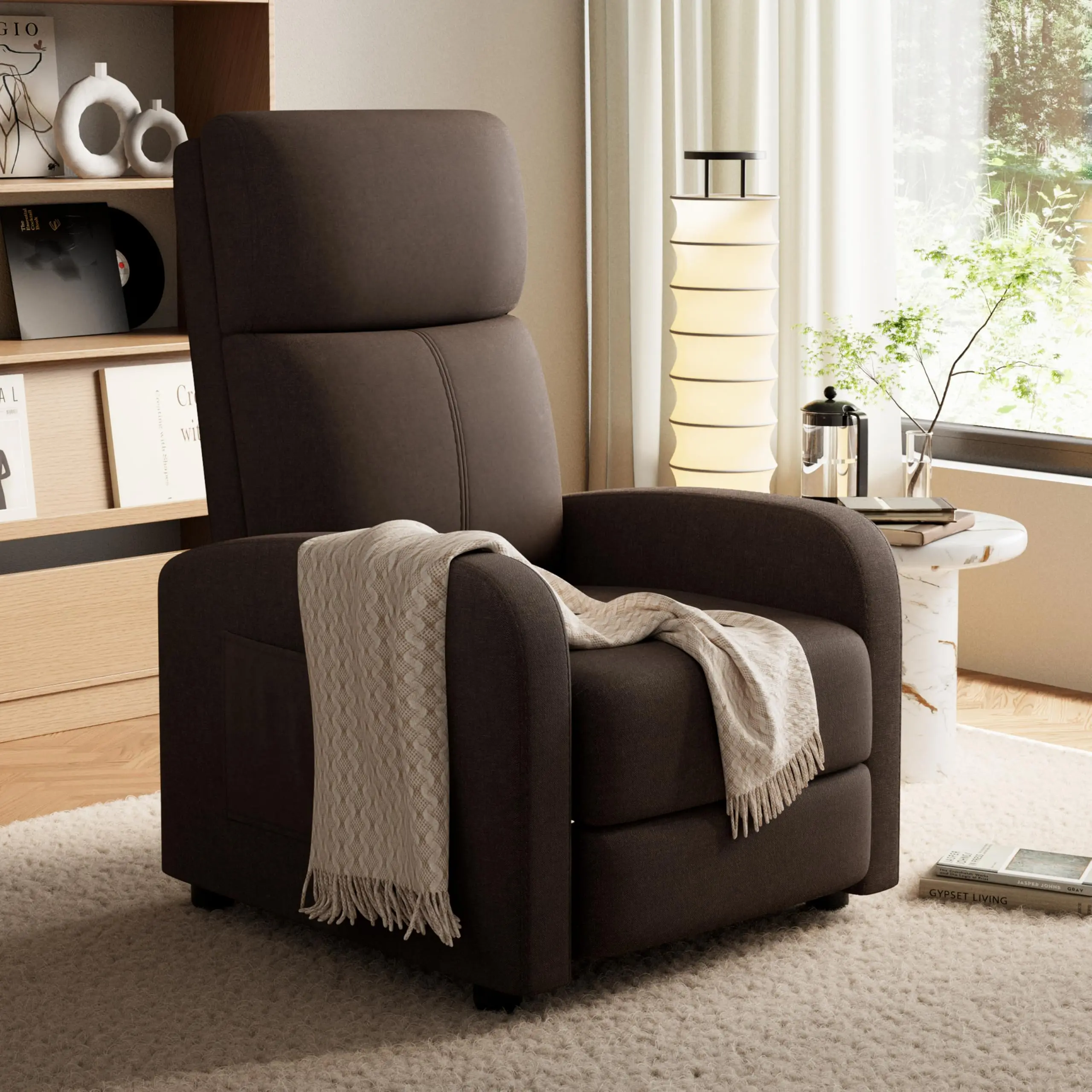 GAOMON Linen Fabric Manual Recliner Chair, High Backrest with Thick Cushion, Push Back Recliner with Side Pocket, Adjustable Lounge Chair for Living Room, Home Theater, Bedroom - Brown