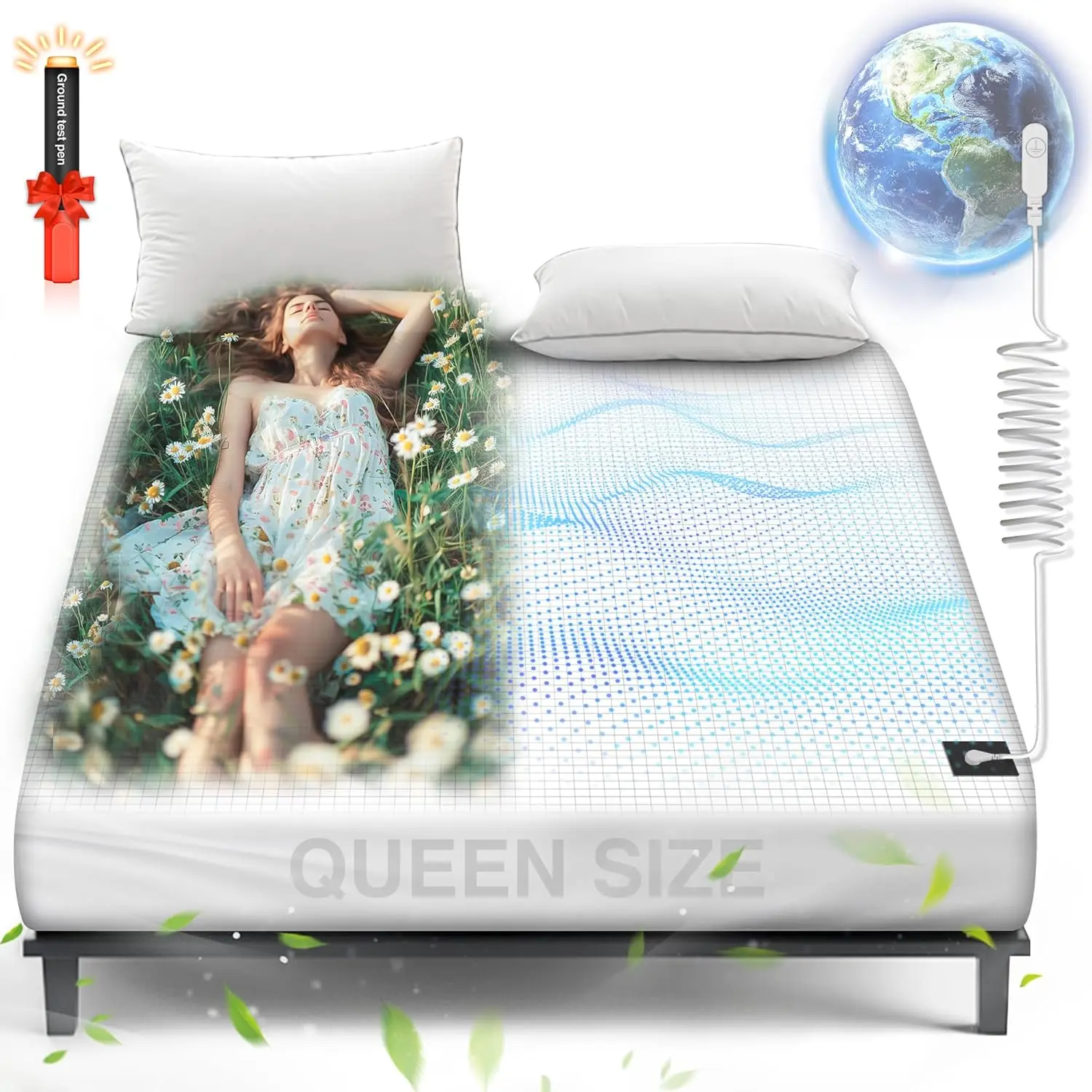 Grounding Sheets , 95%  Cotton+ 5% Pure  Fiber, Grounded Sheets with Grounding Cord, Bed Grounding Kit for  Sleep  [White 60"x 80"x 13"-]