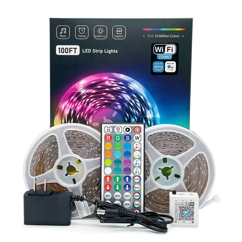 100FT WiFi Led Strip Lights Smart Led Light Strip  app controls music sync color changing RGB lights timed switch suitable for bedroom home decoration party games