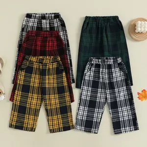Toddler Baby Little Boy Girl Plaid Pants Elastic Waist Gingham Trousers with Pockets Causal Clothes 1-5Y