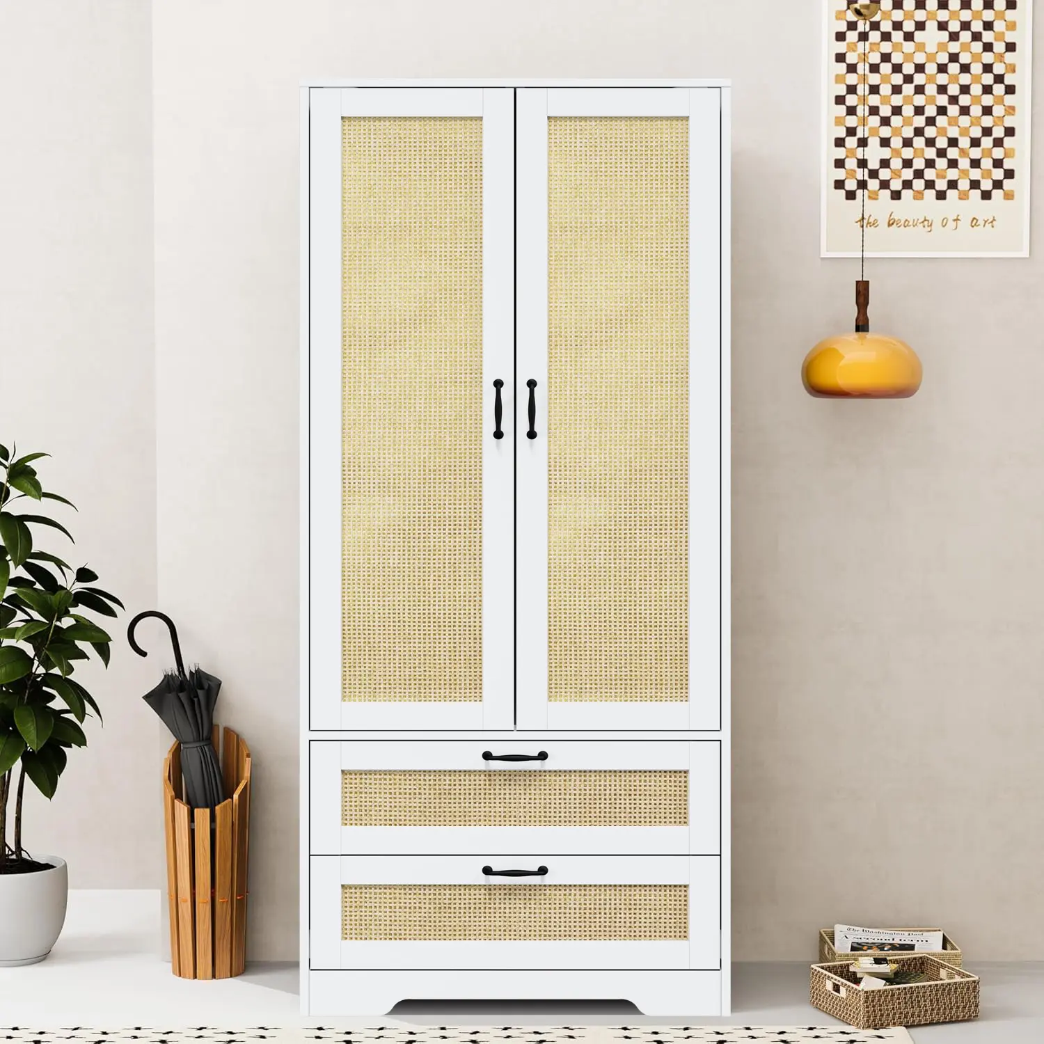Modern Wood Freestanding Bedroom Wardrobe Set - 2 Rattan Doors, Drawers, Hanging Rod, Anti-Tip Base, Metal Support - Available in Black, White, Natural - Ideal for Bedroom, Study Space, Workplace