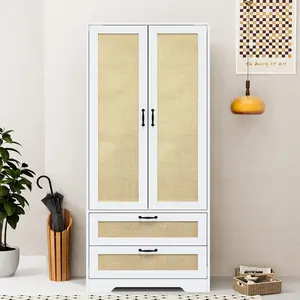 Wooden Wardrobes With Hanging Rods Freestanding Modern Clothing Storage Cabinets With 2 Rattan Doors & Drawers In Black White Natural Colors For Bedroom Living Room Laundry Cloakroom