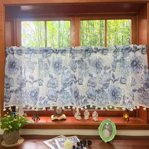 American Country Plant Print Linen Small Curtain Valance, Floor Window Faux Fur Fringe, Versatile Drapes for Space Layering