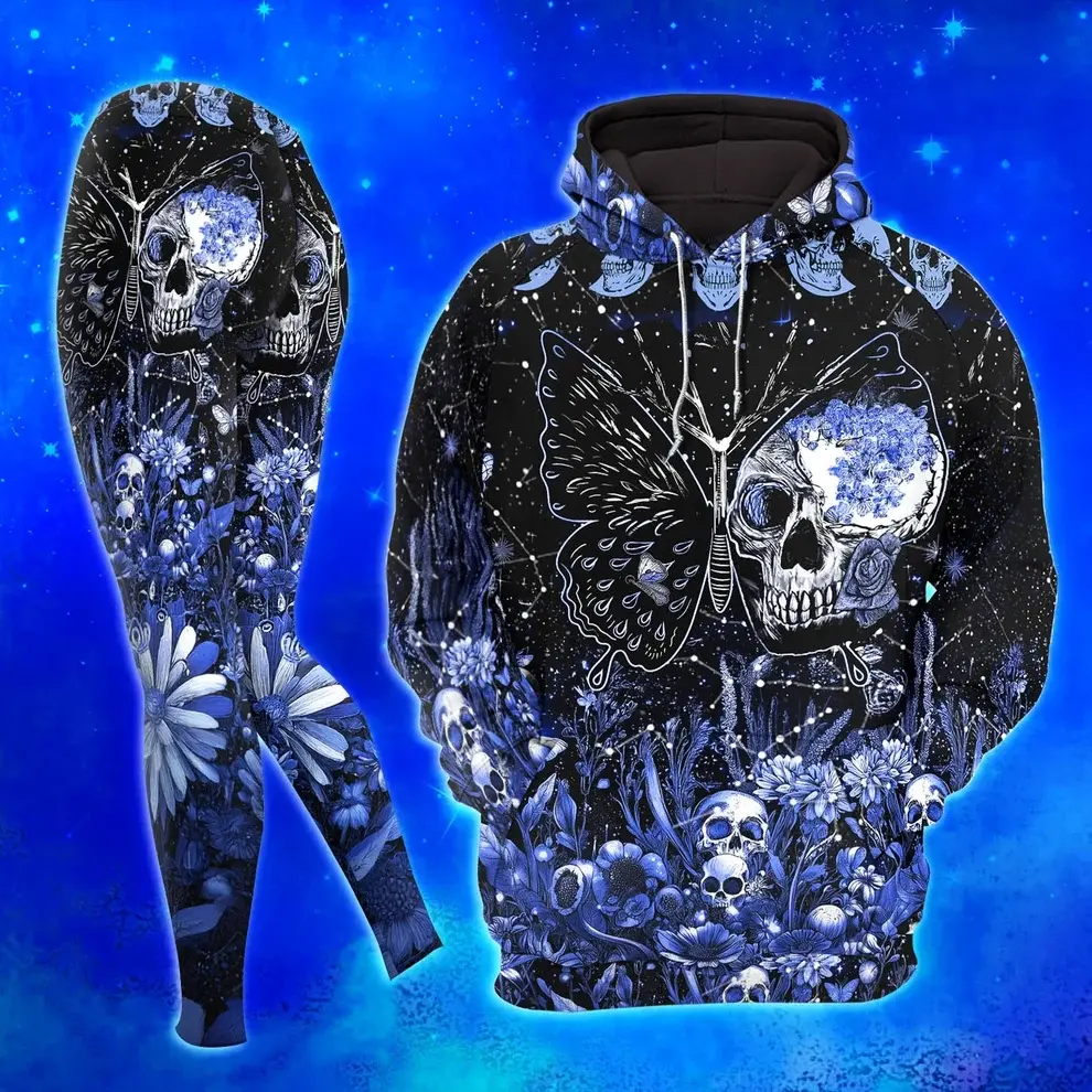 Skull Butterfly Floral Hoodie And Leggings Set, Gothic Halloween Tracksuit, Aesthetic Autumn Graphic Outfit, Spooky Season Streetwear Tracksuit, Dark Activewear