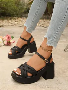 Women's Fashion High Heel Sandals, Casual Comfortable Platform Shoes, Cross Strap Lightweight Sandals for Daily Wear, Trendy All-Purpose Footwear, Fashionable Heeled Sandals