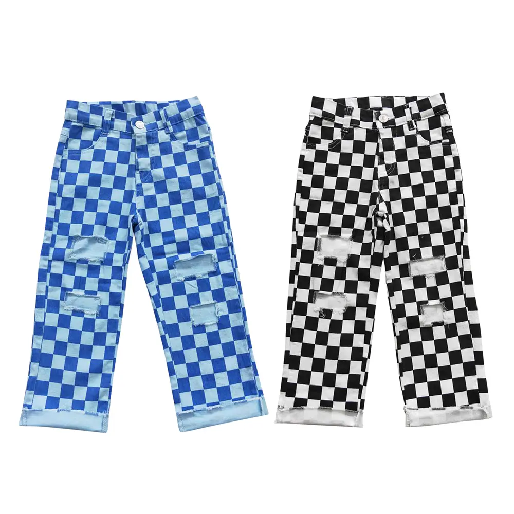 Ripped Checkered Boy Jeans for Toddlers, Mid Waist Fitted Stretchy Denim Pants, All Seasons Streetwear Style, Button, 4T, Hollow, Basic