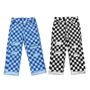 Trend Alert! Mix and Match Ripped Checkered Jeans for Casual Looks Girls Denim Elastic Waist Trendy Stand Out