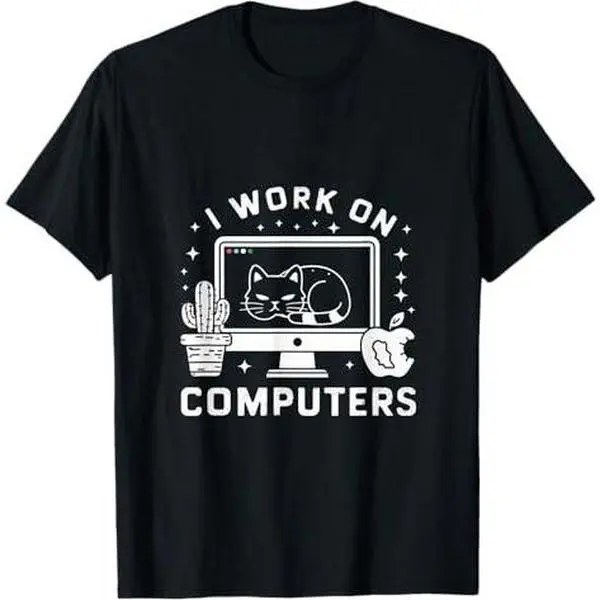 I Work on Computers Funny Cute Tech Coding Cat Working T-Shirt