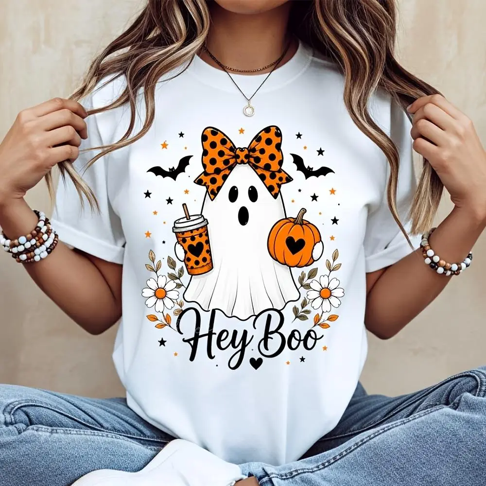 Ghost With Orange Polka Dot Bow And Coffee Cup, T-Shirt, Halloween Holiday Party Costume, Casual Daily Wear