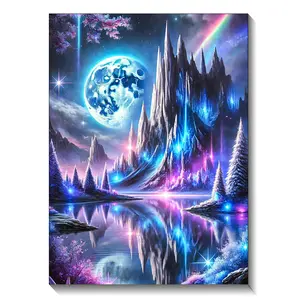 Moon Aurora Mountain Lake Landscape Diamond Painting DIY 5D Full Round Mosaic Gemstone Inlay Art Set Home Decoration 30x40cm/11.81x15.75inch