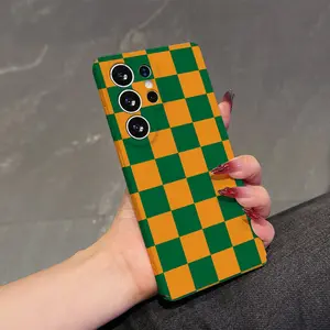 Luxury Checkered Green Orange Phone Case Suitable For Samsung Galaxy S26 S25 S24 A37 A57 A56 A26 A36 A17 A07 A55 A35 A06 A05 A14 A24 A34 A54 A16 A05S A25 A15 A23 A53 A33 A73 FE Plus Ultra 4G 5G Lens Protection Anti-Shock Hard PC Back Cover