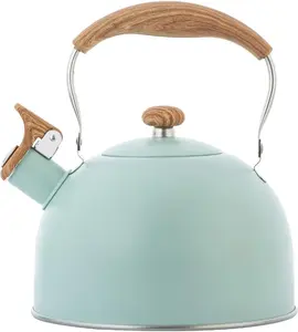 Tea Kettle, Stove Top Kettle Green, Whistle Kettle for Stovetop, 2.5L Food Grade Stainless Steel Tea Pot Stovetop for Tea Coffee Milk, Folding Wood Handle Farmhouse Whistling Kettle