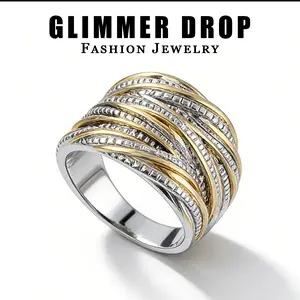 Retro Two-Tone Textured Oversized Unisex Statement Ring - Fashion Alloy Ring (Multi-Color: Two-Tone/White Gold/Gold/Black Gold) Daily Casual Jewelry Accessory