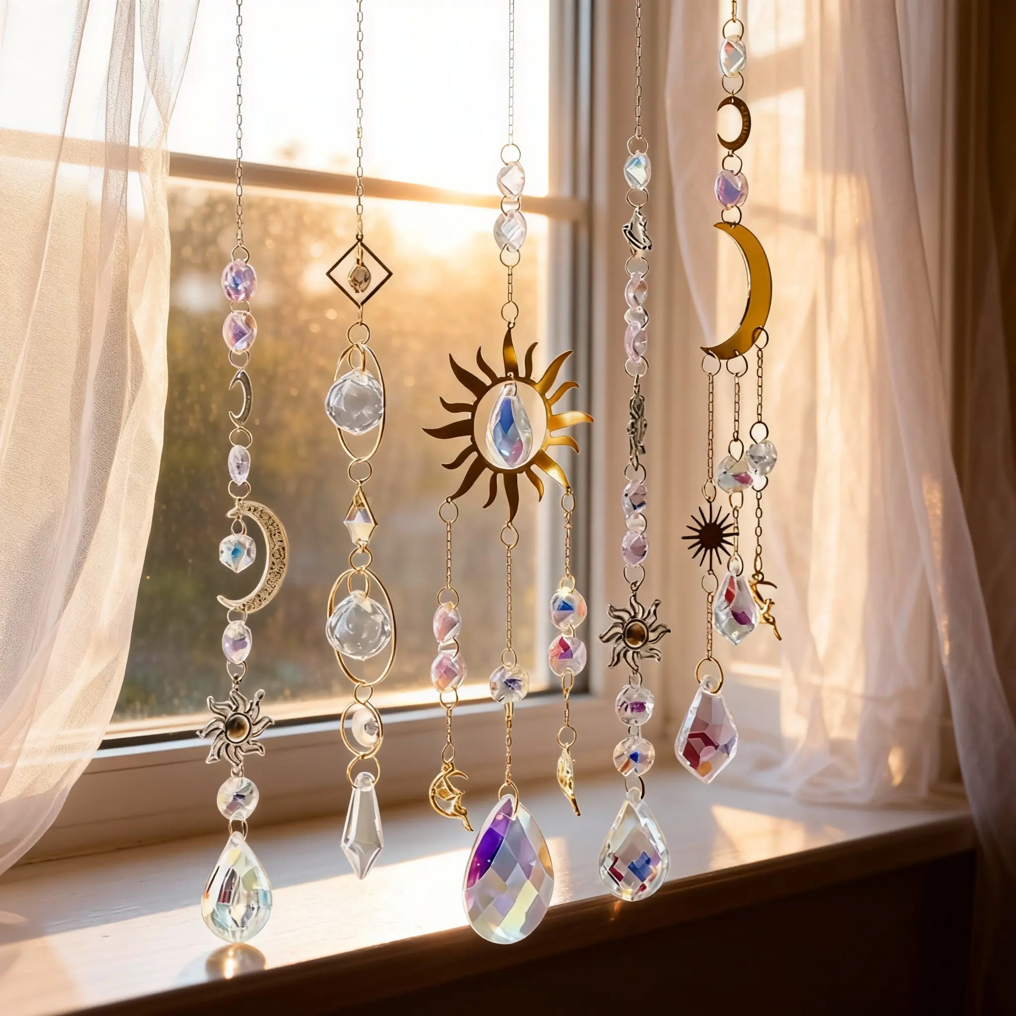 5-Piece Shiny Crystal Sun Catchers with Chain Pendants, Home Decorative Ornament Rainbow Makers, Hanging Room Decor & Interior Decoration Accessories for Windows, Car Mirrors, Garden Decoration Gifts, Hangable