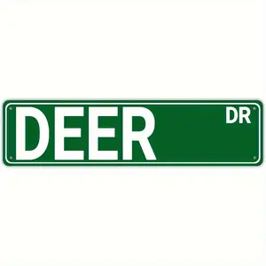 2D Flat, Vintage Aluminum Wall Sign 16x4 Inch - Deer-Themed Rustic Metal Art with Green Background & White Lettering, Durable Indoor/Outdoor Decoration for Home, Bar, Cafe, Holiday & Seasonal Decor, Deer Home Decor, Cafe Decoration, Classic Street Sign