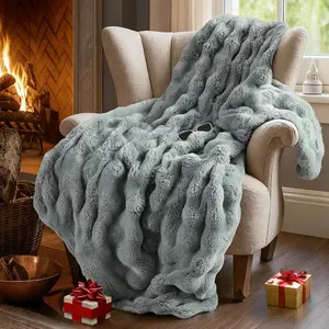 Faux Fur Throw Blanket, Thick Warm Bunny Blanket with Bubble Texture, Reversible for Couch and Bed, Soft Cozy Furry Blanket for Home Décor, Grey