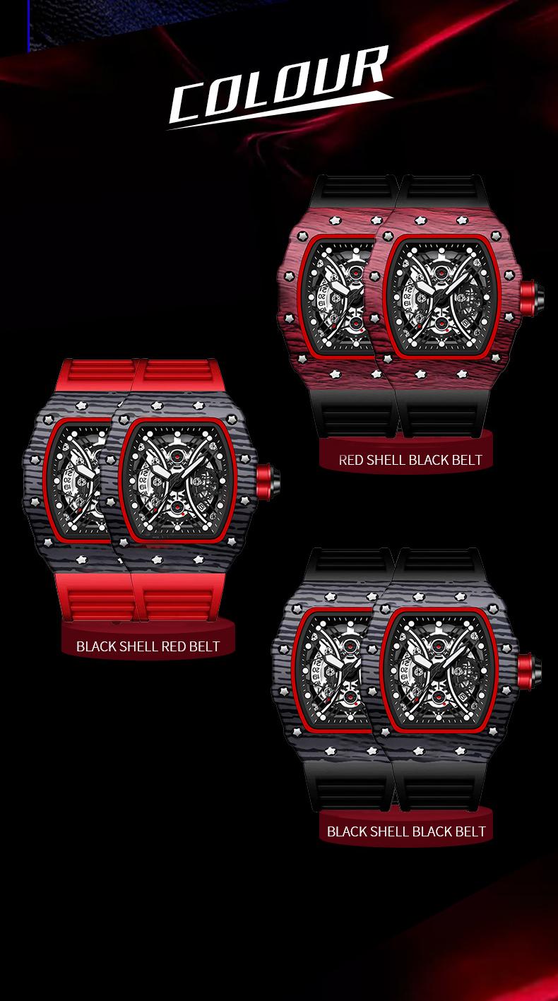 Men's Carbon Fiber Skeleton Tonneau Watch, Black Silicone Band, Sporty Quartz Wristwatch